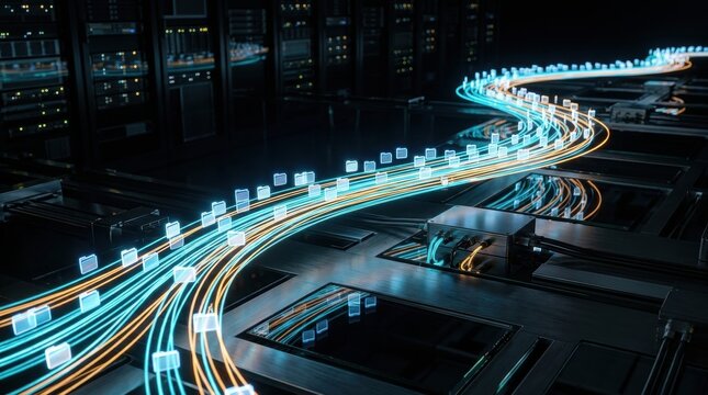 Digital Data Stream: A vibrant, flowing stream of digital data, depicted as illuminated cubes and lines, moves through a futuristic server room.