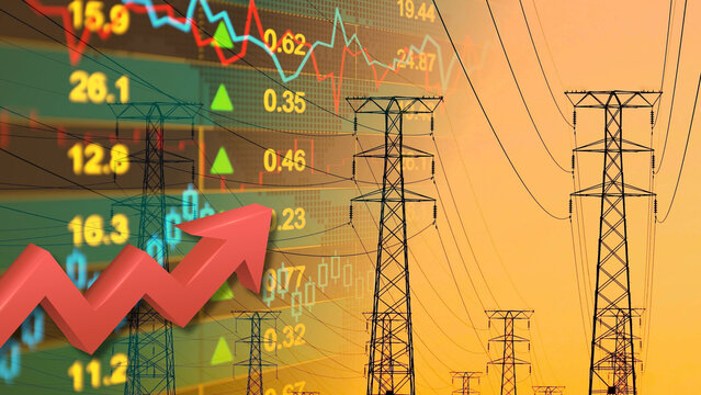 Financial data, high-voltage power transmission towers, electricity grid lines, and a surging arrow. Booming energy sector, utility infrastructure market growth, power technology innovation