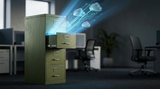 Digital Transformation: A vintage filing cabinet symbolizes the transition from physical to digital records, with data streams flowing into the cloud.