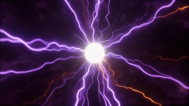 プラズマボールから放射状に放たれる紫とオレンジのプラズマ放電背景