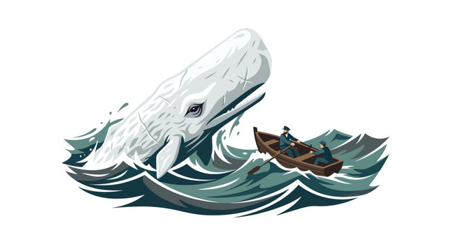 Illustration of a giant whale surfacing near a small boat