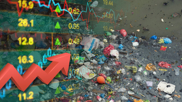 Financial data, plastic waste and garbage floating on polluted water, environmental crisis, and a surging arrow. Rising waste management costs, recycling infrastructure market growth, green technology