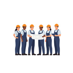 Obraz premium Group of Diverse Construction Workers Reviewing Blueprints Together