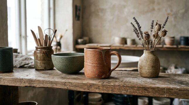 Handcrafted pottery and dried flowers on rustic shelf
