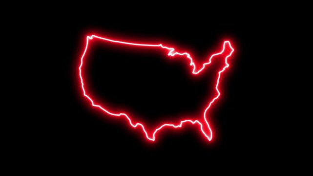 Animated neon red outline of usa map on black background, dynamic american continent, shape united states outline 4k Motion video