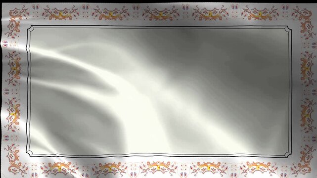 Monochromatic cinematic background featuring dynamic glowing light streaks and soft smoke effects, framed by an elegant vintage orange floral pattern border.