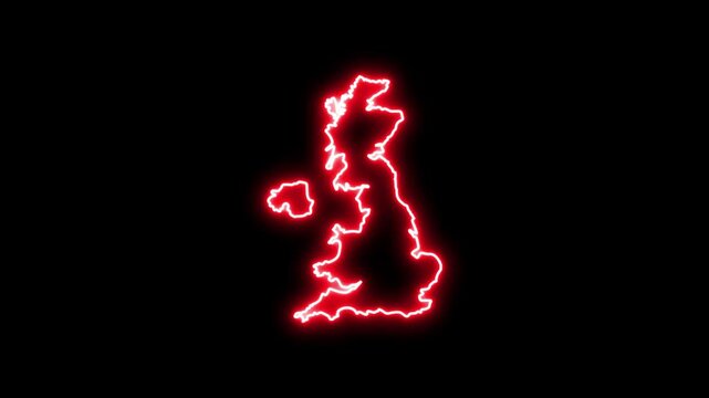 Glowing red neon outline map of the united kingdom on black background, digital uk geography concept 4k Motion video