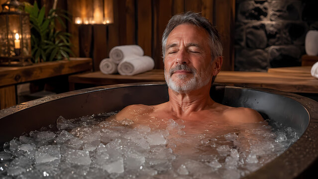 mature man in ice bath