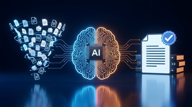 AI brain processing documents with data funnel and approval checkmark