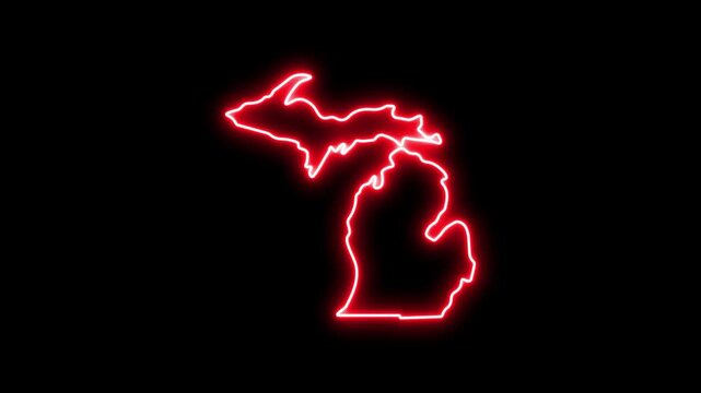 Glowing neon outline map of michigan state, red electric light contour on black background 4k Motion video