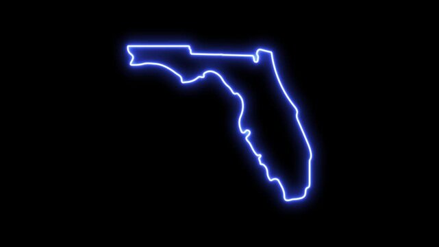 Glowing neon outline map of florida state, blue light silhouette on black background