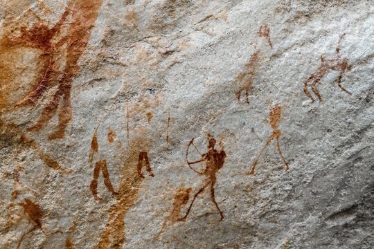 Prehistoric animal depictions and hunters, ancient rock carving of the San, natives of South Africa, Seville Rock Art Trail, Cedar Mountains, Clanwilliam, Western Cape, Republic of South Africa