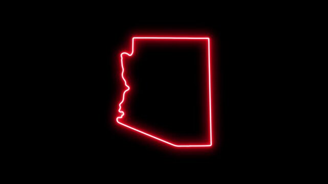 Glowing neon arizona state map outline, vibrant red led border on black background, us geography concept