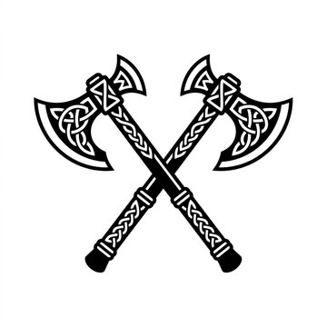 Two crossed battle axes with celtic knot patterns.