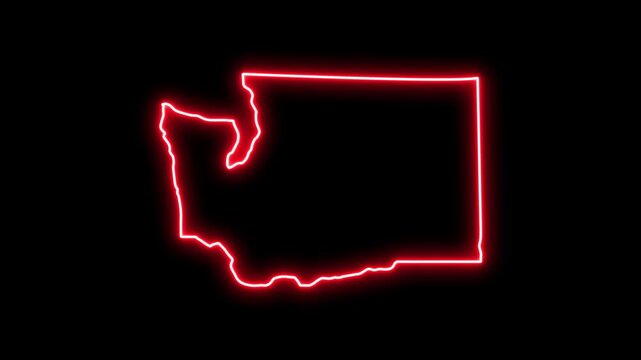 Glowing neon outline map of washington state, usa, animated red border on black background