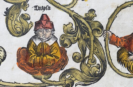 Detail family tree, old coloured woodcut from: Schedel'sche Weltchronik also N&uuml;rnberger Chronik, German edition, incunabulum, Hartmann Schedel 1493