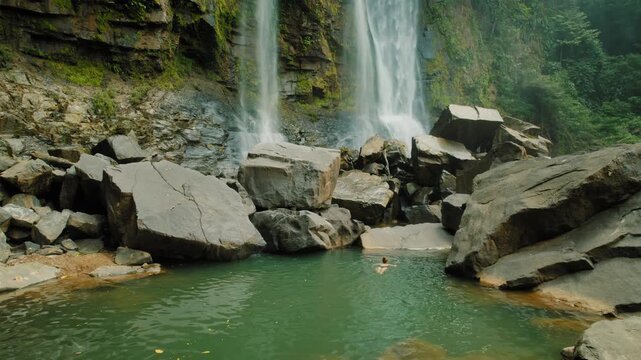 Woman swimming in emerald pool near tall tropical Nauyaca waterfall Costa Rica