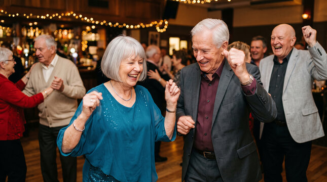 Joyful senior couples dancing and celebrating at a lively party