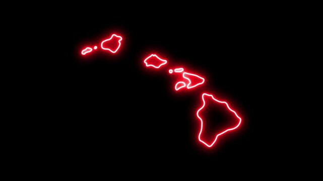Glowing neon red outline map of hawaii islands on black background, digital motion
