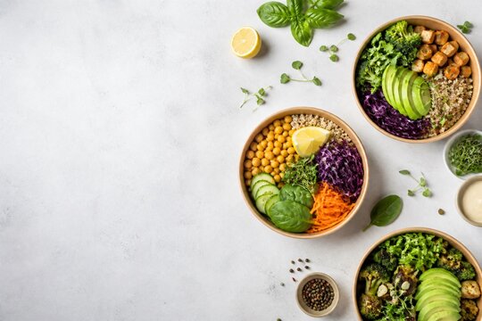 Colorful plant based meal bowls in compostable delivery containers