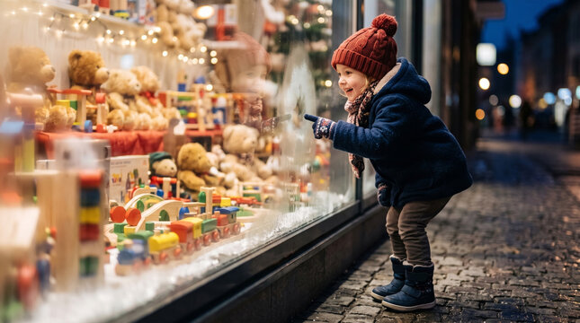 Child excitedly points at a festive toy store window display at night