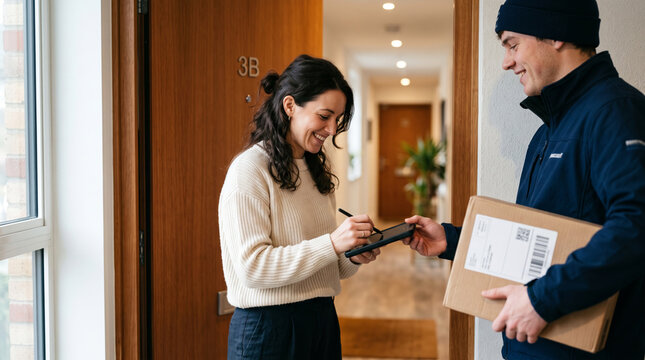 Delivery person hands package to smiling woman signing on tablet at door