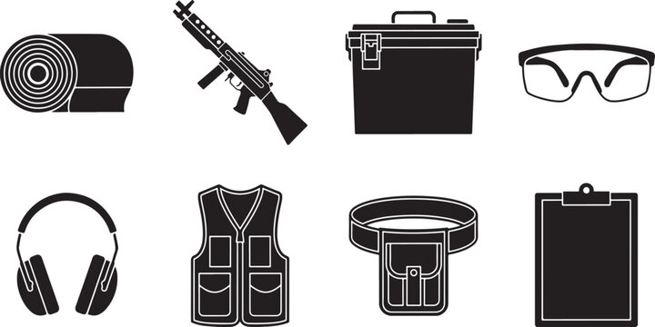 Shooting range safety and tactical equipment set featuring rifle ammo box goggles earmuffs vest utility belt and clipboard icon.