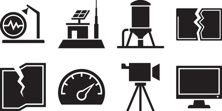 Industrial and technology icons including power generators solar panels water tanks and broken screens on gray.