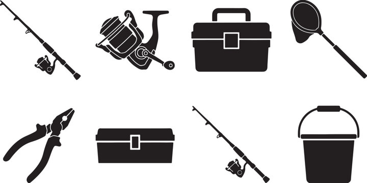 Fishing gear and equipment collection bait bucket net fishing rod reel tackle box pliers accessories.