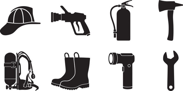 Firefighter equipment black silhouettes including helmet nozzle extinguisher air tank boots flashlight and wrench on gray.
