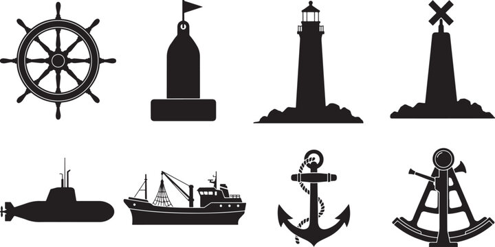 Nautical objects and maritime equipment collection anchor ship wheel lighthouse buoy submarine net.