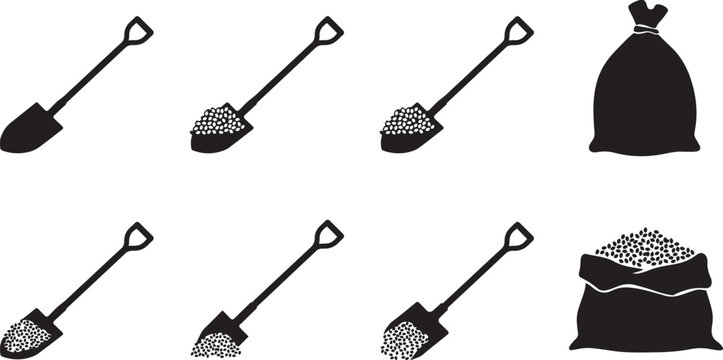 Gardening and construction tools collection shovels and bags with soil gravel seeds fertilizer.