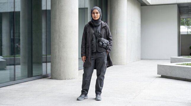 Full length portrait of Asian Muslim woman in charcoal hijab, dark grey jacket, crossbody bag, and cargo pants outside modern building.