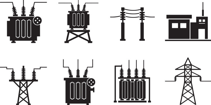 Set of electrical transformers and transmission lines icon silhouettes on transparent background for power industry.