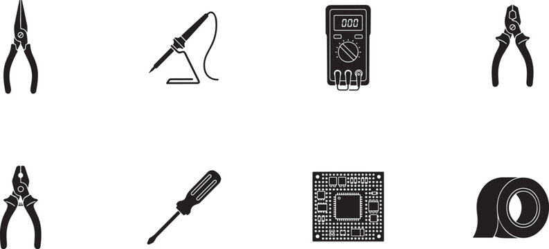 Set of electrical repair tools and electronic components icons for maintenance projects isolated on transparent background grid.