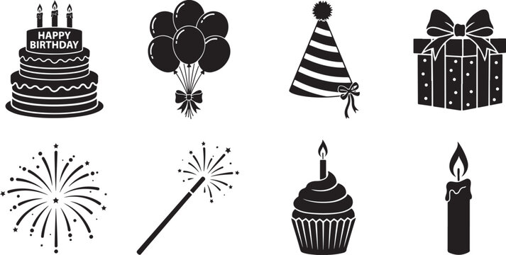 Set of isolated black icon birthday party symbols with cake, balloons, hat, gift, fireworks, sparkler, cupcake and candle.