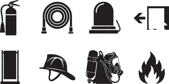 Set of isolated black icon fire safety equipment symbols with extinguisher, hose, alarm, exit sign, blanket, helmet, oxygen mask and flame.
