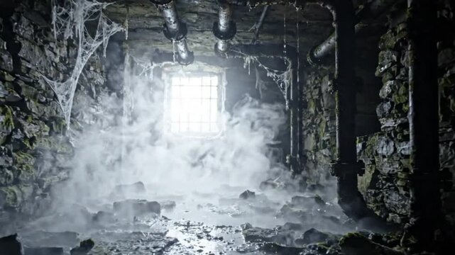 Fog fills a spooky abandoned stone basement with barred window