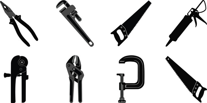 Set of silhouettes of different hand tools, like pliers, wrenches, saws, and a clamp, on gray checkered background.