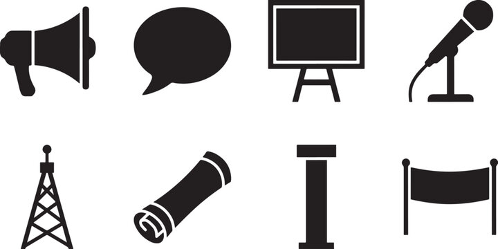 Set of black silhouettes representing various communication and presentation objects on gray checkered background.