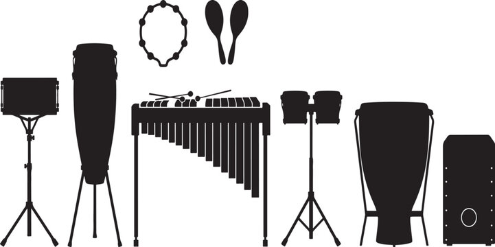 Musical percussion instrument collection featuring congas bongos xylophone tambourine maracas and cajon on professional metal stands.