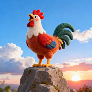 Felt‑Craft Rooster Crowling On Rock At Sunrise