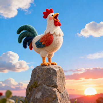 Felt‑Craft Rooster Crowling On Rock At Sunrise