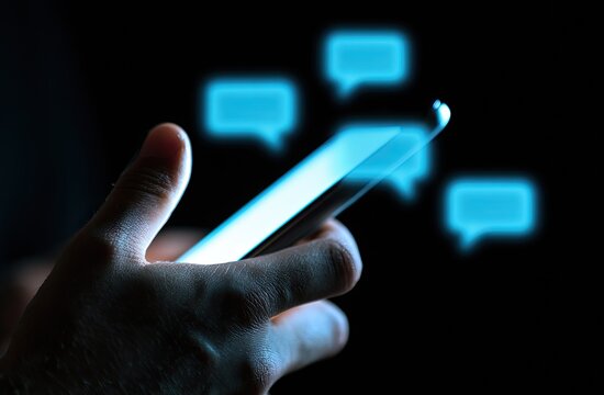 Hand holding glowing phone screen with blue chat bubbles on dark background