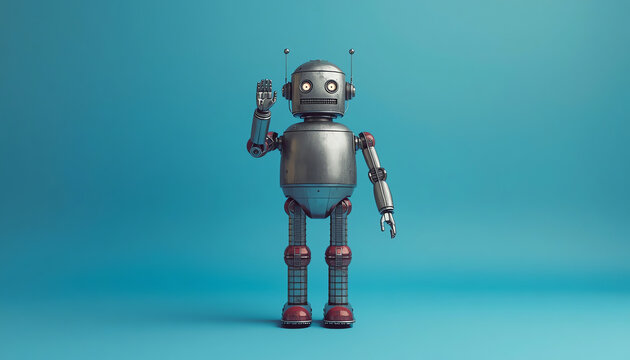 Metallic chat bot robot on blue beige background. Silver color domestic robotic roller with empty blue interface on body. Creative design steampunk toy, copy space 