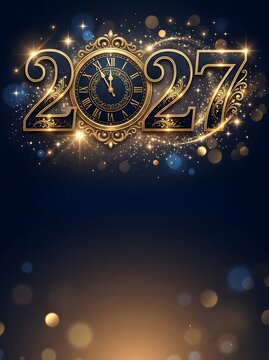 Vertical Happy New Year 2027 poster design featuring luxurious golden numbers with a clock dial, glowing bokeh lighting, sparkling particles, and copy space at the bottom for text.