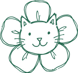 Fototapeta premium Naive hand drawn cat flower illustration in green line art