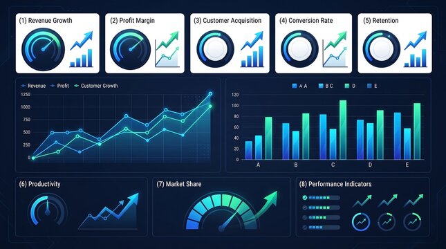 A modern dark mode business analytics dashboard featuring multiple KPI metric cards, line charts, bar charts, and speedometers for tracking revenue, profit margin, and customer acquisition
