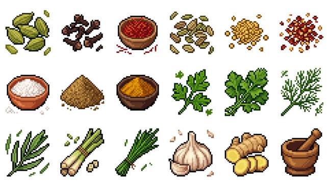 Set of pixel art icons featuring various fresh herbs spices and cooking ingredients.