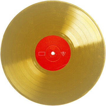 Yellow Gold transparent retro style vinyl record red label. realistic photography. png isolated on transparent background for graphic design